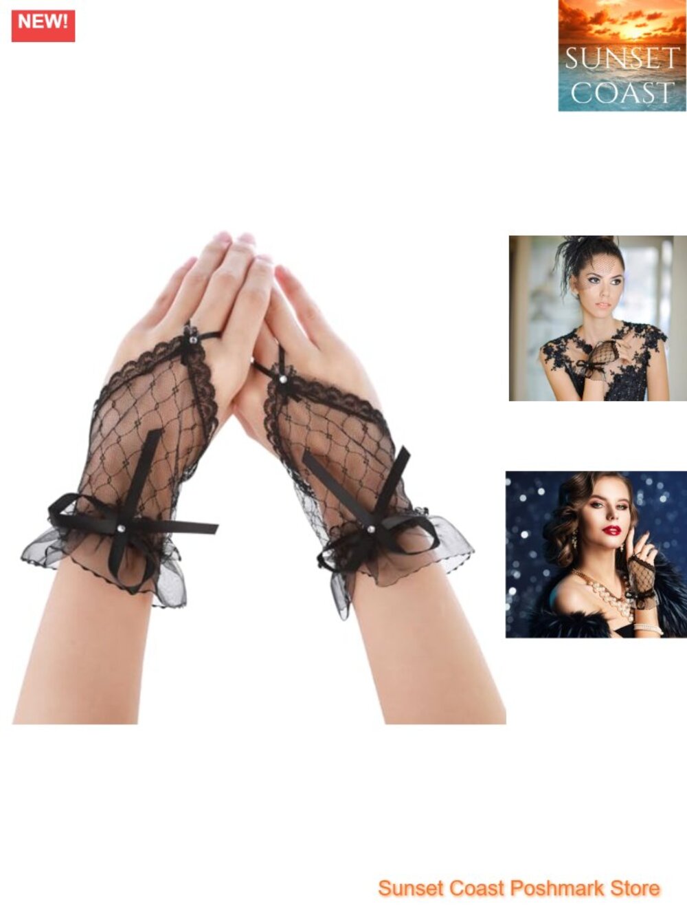Fingerless Lace Gloves Bow Rhinestone Tea Party Elegant Tulle